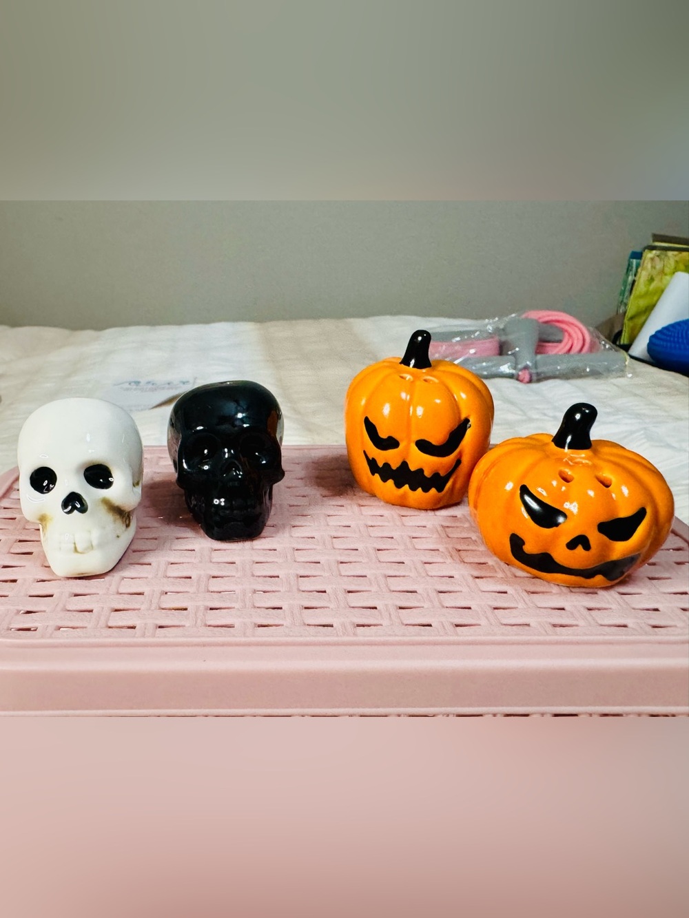 Halloween Ceramic Pumpkin and Skull S&P Shakers Orange, Black & White
